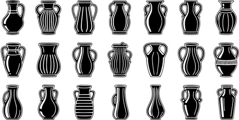 Black and White Vector Icons of Ancient Greek Ceramic Vases and Pottery, Classic Art Style © pixsource