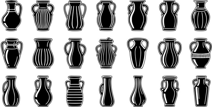 Black and White Vector Icons of Ancient Greek Ceramic Vases and Pottery, Classic Art Style