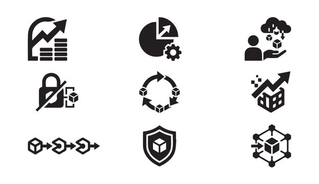 Business and technology data process icons set with business, technology
