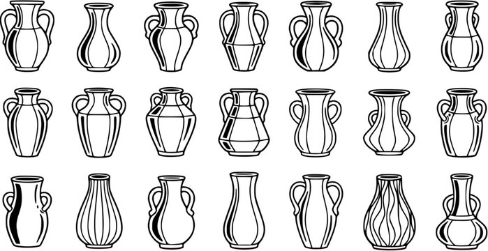 Black and White Line Art of Various Pottery Vases, Decorative Ceramic Pots, Vector Collection