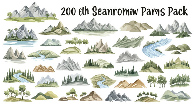 Watercolor mountain landscape elements, 200 hand drawn nature icons pack, rustic forest and river vector set for map making and outdoors design
