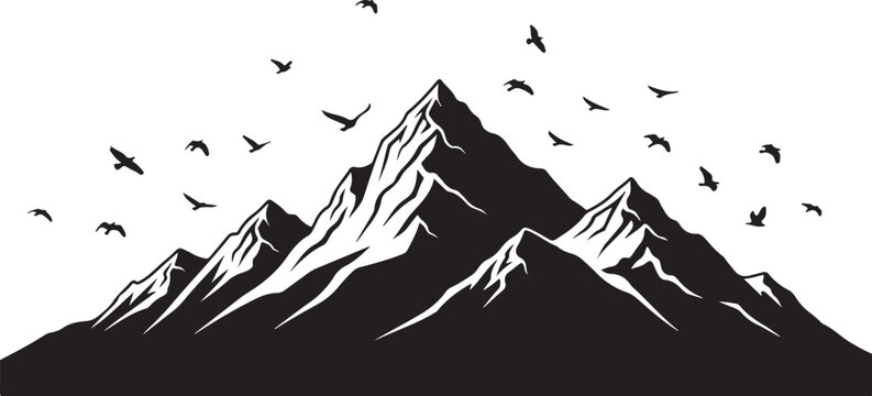Mountain range silhouette, flying birds, black and white vector landscape, scenic illustration, nature icon