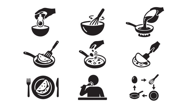 Cooking and recipe preparation icons set with preparation whisking culinary
