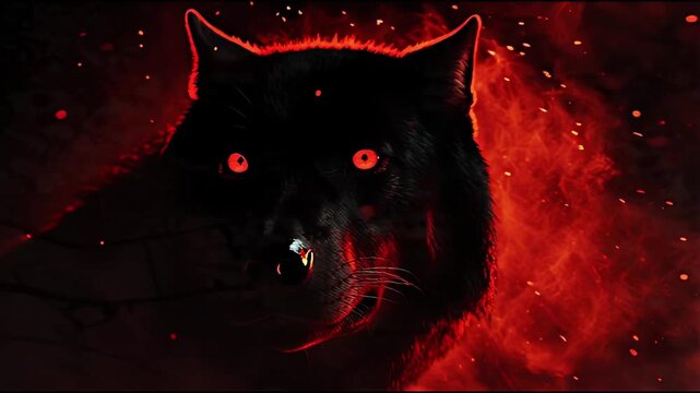 Abstract dark wolf silhouette with glowing red eyes and fiery particle effects.