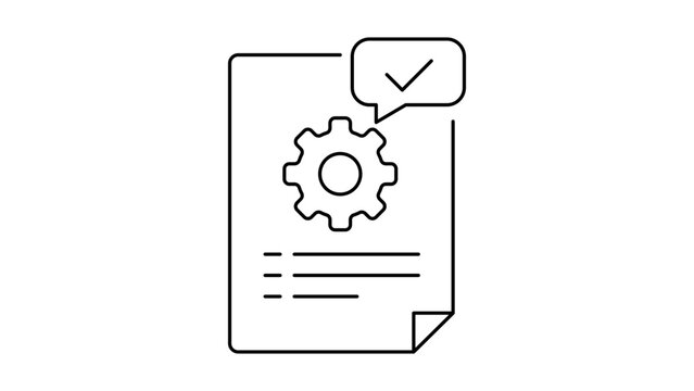 Ticketing System and Support Ticket Management Vector Icon with Gear and Checkmark on Document, Minimalist Black Line Illustration with Editable Stroke for IT Service, Task Completion, Help Desk.
