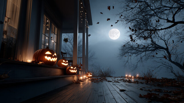 Spooky Halloween Night Scene with Glowing Jack-O-Lanterns on Wooden Porch and Full Moon in Dark Sky