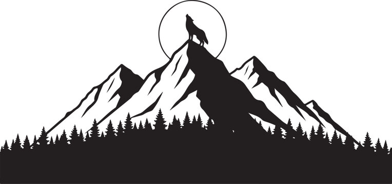 Mountain, wolf howling at moon, silhouette, vector illustration, nature scene, black and white