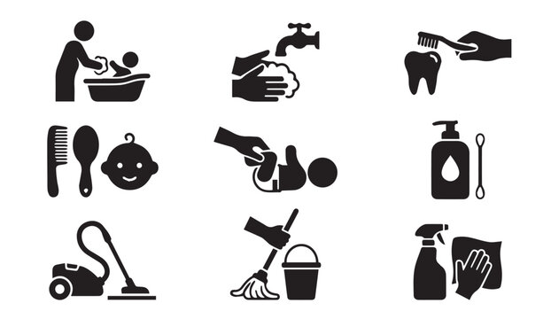 Childcare and daily household hygiene icons with childcare cleaning pictograms