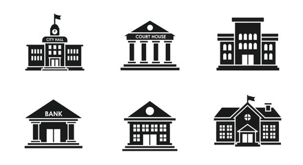 Fototapeta premium Government Buildings Icons: City Hall, Courthouse, Bank, School, Public Office