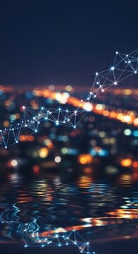 Digital network visualization overlays a cityscape reflecting in rippling water at night