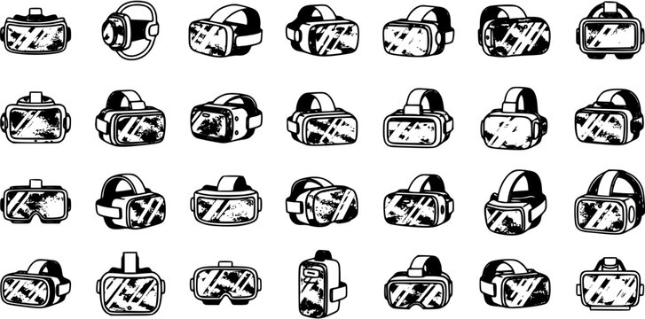 Vector Line Art Icons of Virtual Reality VR Headsets and Goggles, Technology Niche