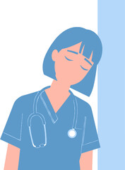 Fototapeta premium Exhausted healthcare professional with stethoscope rests against a wall, symbolizing burnout and dedication in the medical field