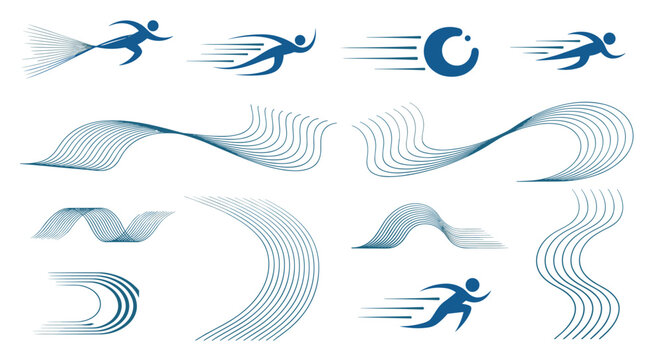 Graphic set of various speed lines, curved patterns, and stylized running athlete icons in a consistent blue style.