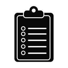 Fototapeta premium Clipboard icon with checklist, black flat vector illustration, business task management and survey document symbol