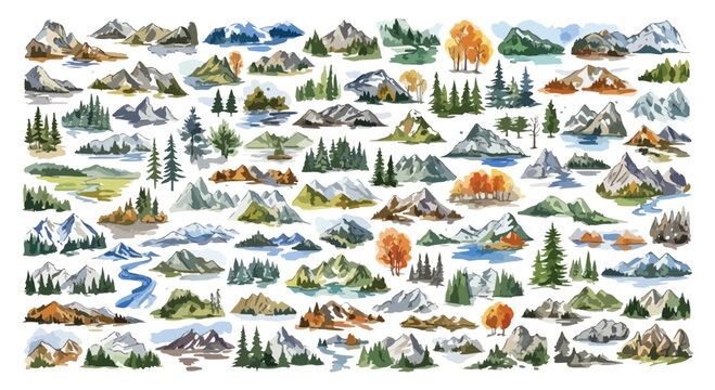 Watercolor mountain landscape elements, hand painted forest and peak collection, set of nature icons for map design and outdoor branding