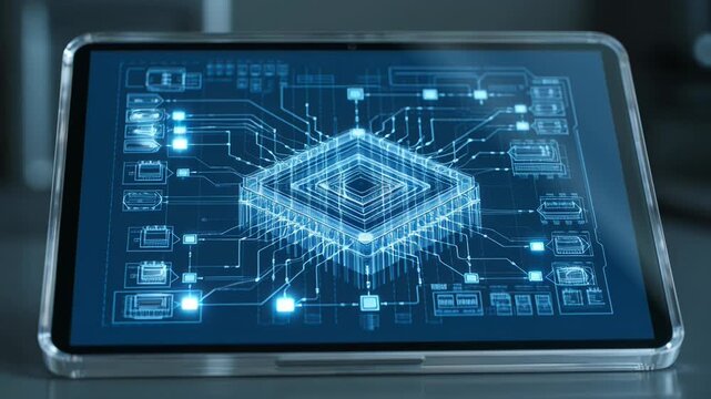 3D holographic schematic of a central processing unit and circuit board on a tablet