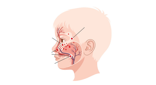 Detailed anatomical illustration of a child head showing the internal nasal structure and points of nose bleeding.