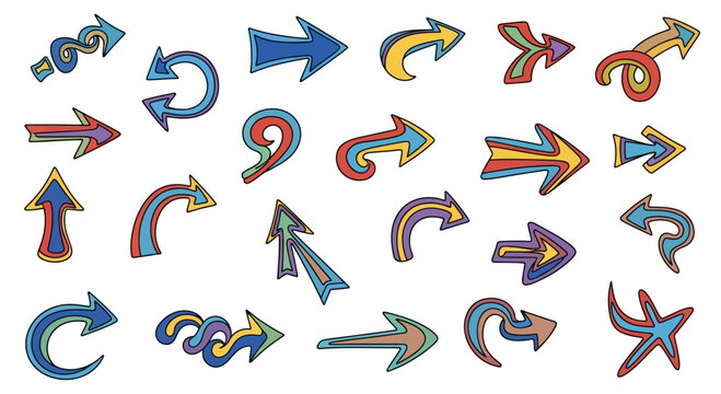 Set of colorful hand drawn doodle arrows collection.