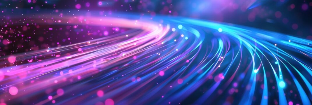 Abstract glowing blue and pink light trails with sparkling particles against a dark background