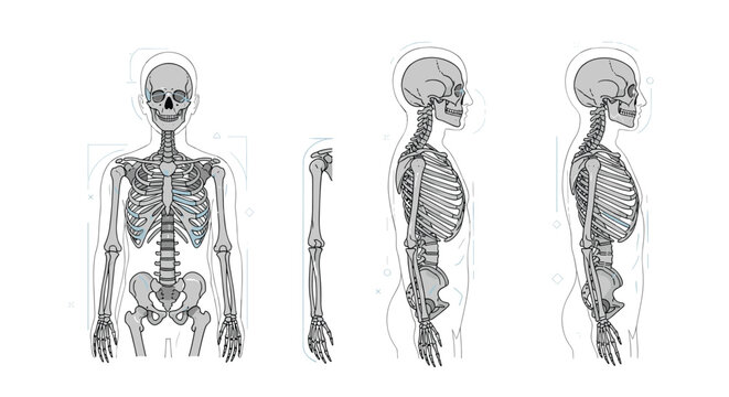 Comprehensive skeletal system diagram showing the human skeleton from front, back, and side profile viewpoints.