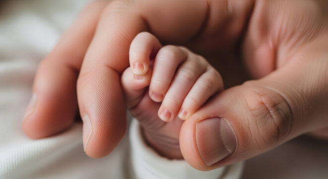 Close-up of a newborn baby's tiny hand holding an adult's thumb symbolizing protection and connection