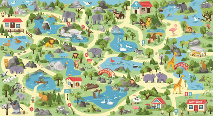 Fototapeta premium Cartoon Zoo Map Vector Illustration, Wildlife Safari Park with Exotic Animals and Enclosures, Educational Nature Reserve Landscape for Children