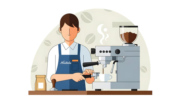 Male barista making fresh coffee with a professional espresso machine illustration.