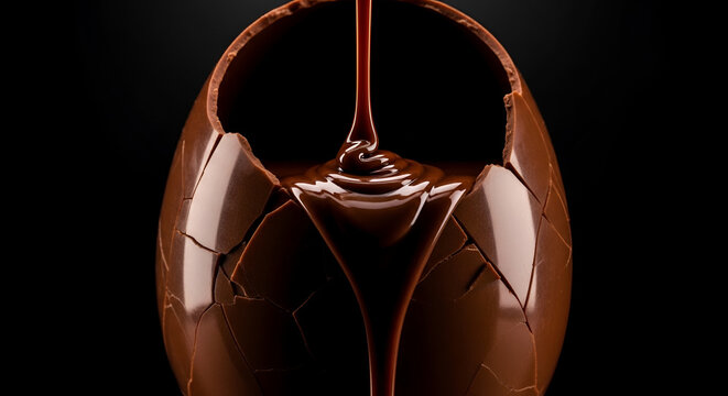 Close-up of liquid dark chocolate being poured into a broken Easter egg against a dark background