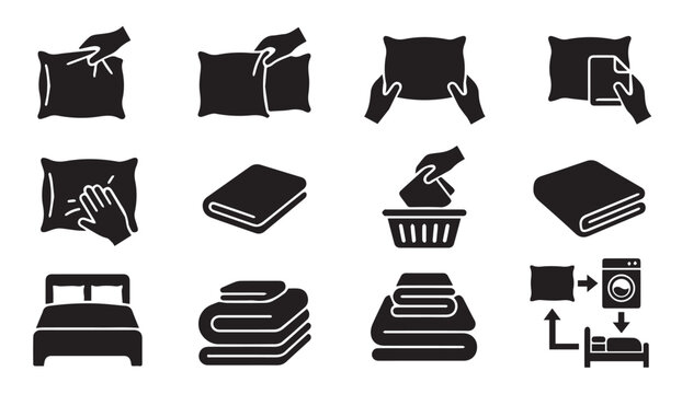 Icon set featuring bed maintenance, pillow care, and bedroom laundry tasks