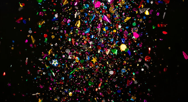 Colorful confetti and glitter exploding in a celebratory burst against a dark background