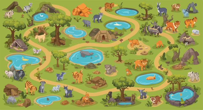 Cartoon zoo map vector illustration, wild animals in park landscape with winding paths, cute safari creatures in nature reserve background