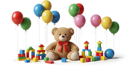 Obraz premium Cute teddy bear with colorful balloons and building blocks isolated on white background studio render