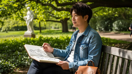 Fototapeta premium Asian man sketching in park on sunny day artistic pursuit.