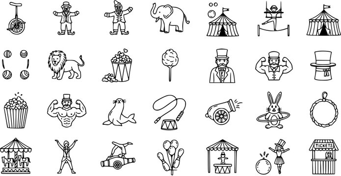 Black and White Line Art Circus Icons Set