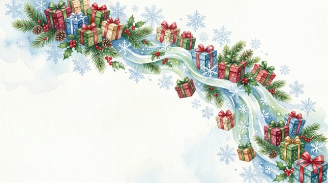 Numerous colorful Christmas gifts, holly, and pine branches flow on a snowy watercolor stream