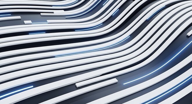 Dynamic arrangement of flowing white architectural ribbons illuminated by neon light accents