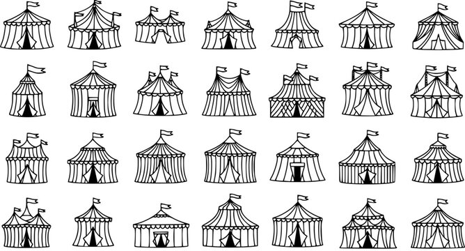 Circus Entertainment Tents Black and White Line Art Vector Icons Set. Hand Drawn Marquee Outlines and Canopies Collection for Funfair and Event Design.