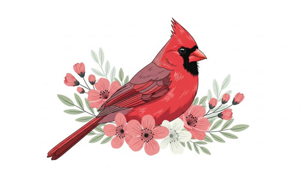 Elegant Red Northern Cardinal with Spring Floral Elements Vector Art Illustration in Soft Botanical Composition on White Background