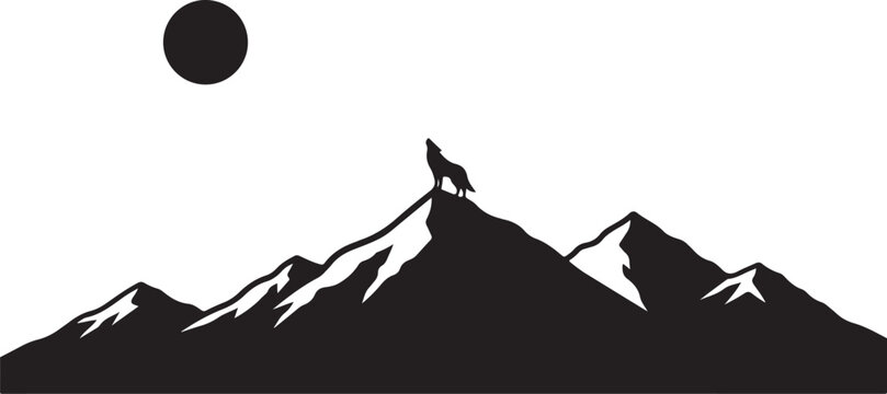 Mountain range silhouette, snowy peaks, black and white landscape, vector illustration, moonlit scenery