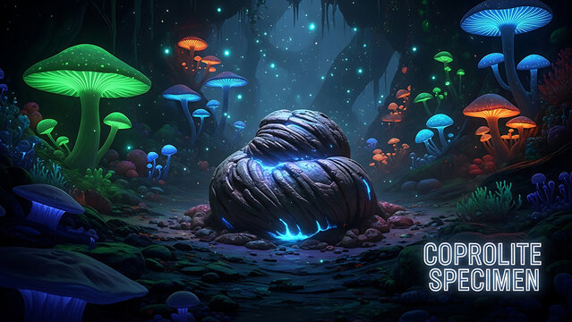A mysterious glowing coprolite specimen lies on the forest floor surrounded by vibrant mushrooms and lush vegetation in a dark magical environment viewed from a low angle.