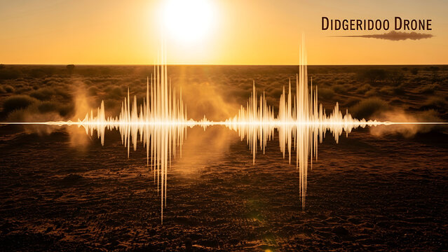 A serene desert landscape with a sound wave emanating from a didgeridoo at sunset with the sun shining brightly.