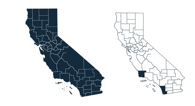 California Map Outline with Counties Highlighted and Isolated