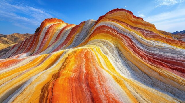 Colorful, striated rock formations under a clear sky