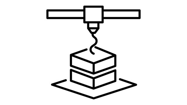 3D Printing Technology Vector Icon with Editable Stroke. Minimalist Black Line Illustration of a Printer Extruder Nozzle Creating a Cube Layer by Layer on a White Background for Modern Design.