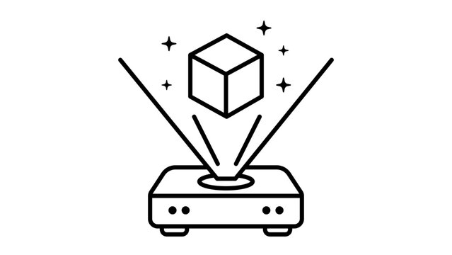 Holographic Display Vector Icon: A minimalist black line illustration of a projector emitting a 3D cube hologram with stars, featuring an editable stroke for customizable line weight and scale.