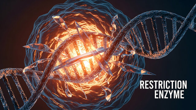 Scientists discover DNA double helix structure with restriction enzyme cutting through it in a laboratory setting with glowing orange light.