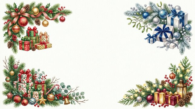 Four festive corners adorned with colorful Christmas decorations and neatly wrapped presents