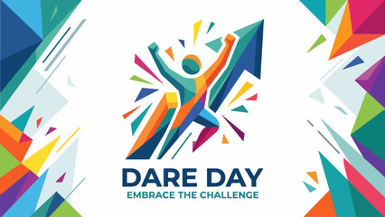 Obraz premium Vibrant graphic for 'DARE DAY' featuring a stylized person leaping upwards with an arrow, surrounded by colorful geometric shapes, symbolizing challenge and achievement.
