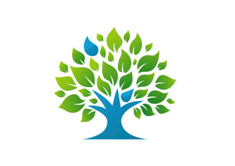 Obraz premium Stylized green tree with blue water droplet accents representing nature and environmental conservation