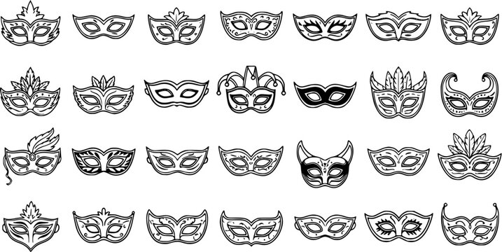 Carnival and Masquerade Party Black and White Line Art Masks Vector Set. Hand-drawn Outline Costume Eye Mask Doodles for Celebration, Event, and Entertainment Designs.